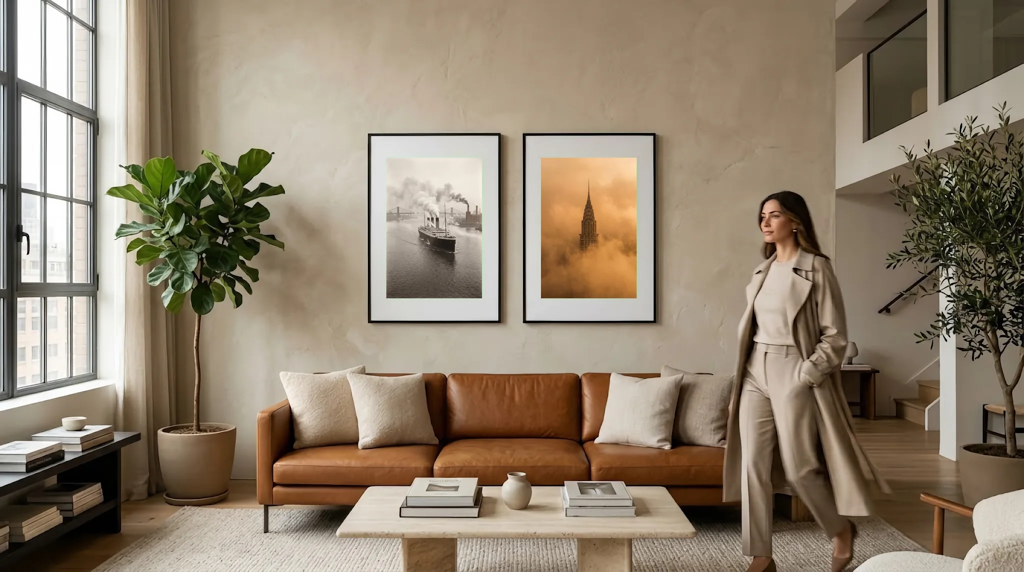 Duo de photographies d’art new-yorkaises Le Géant de l’Hudson et Échos Dorés au-dessus d’un canapé de salon