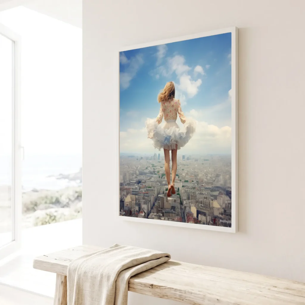 Grand format mural L'Ange de Paris au-dessus d'un canapé - Déco intérieure
