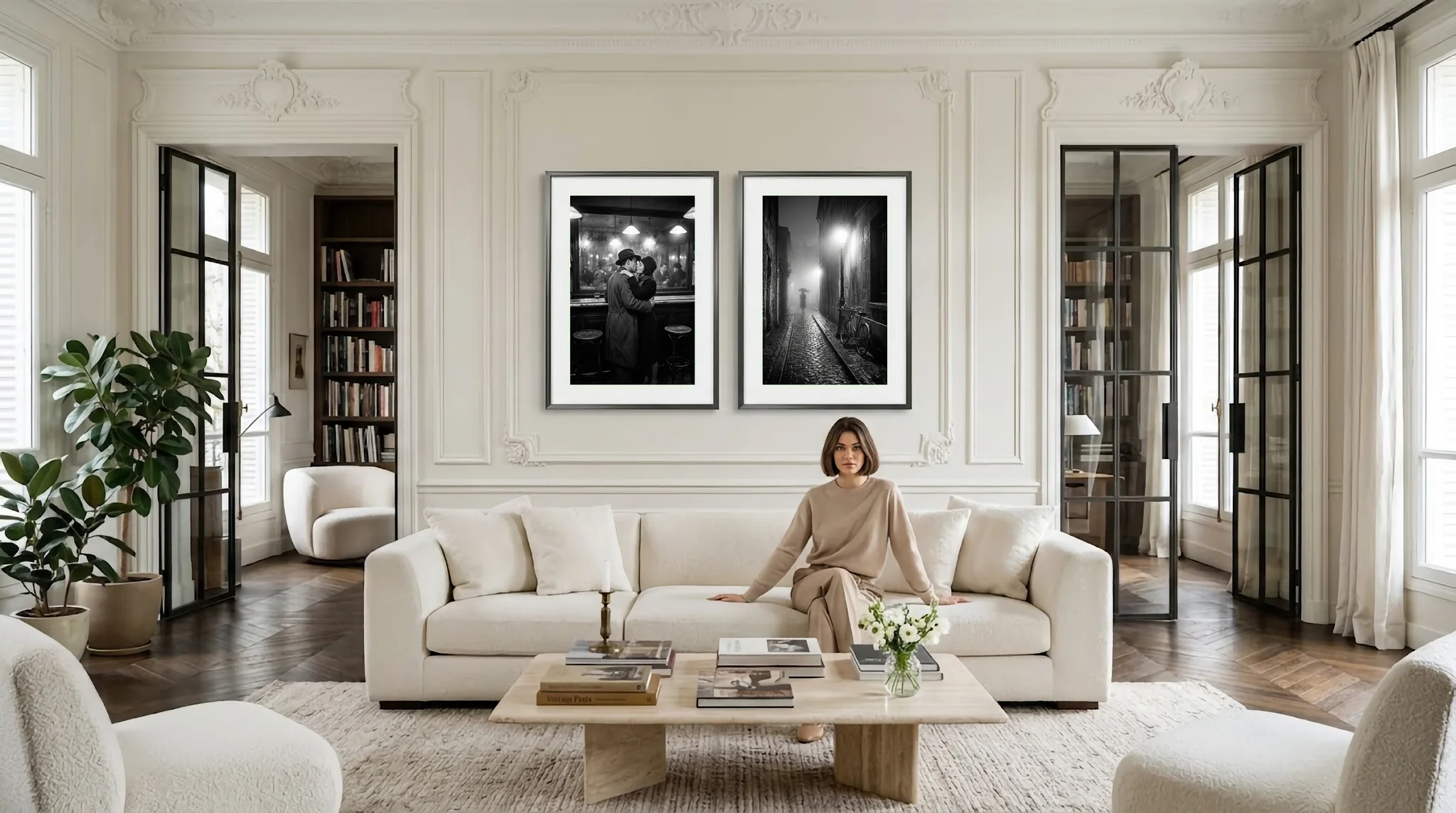 Mise en situation du diptyque Le Baiser du Zinc et Brume et Pavés dans un salon contemporain avec verrière