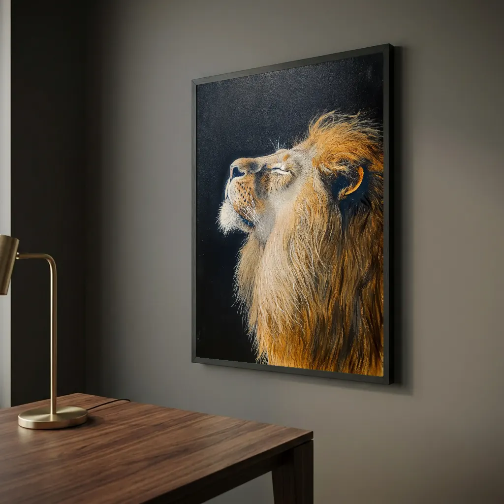 Tête de lion aux yeux fermés en situation décorative