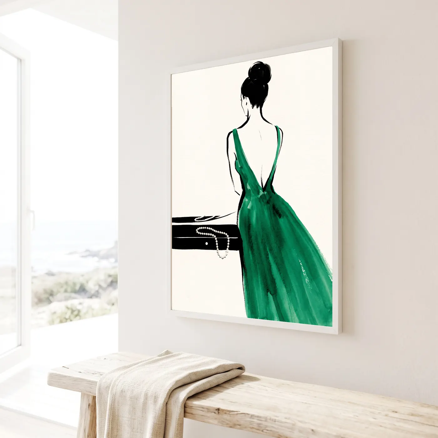 Grand format mural Vert Émeraude au-dessus d'un canapé - Déco intérieure